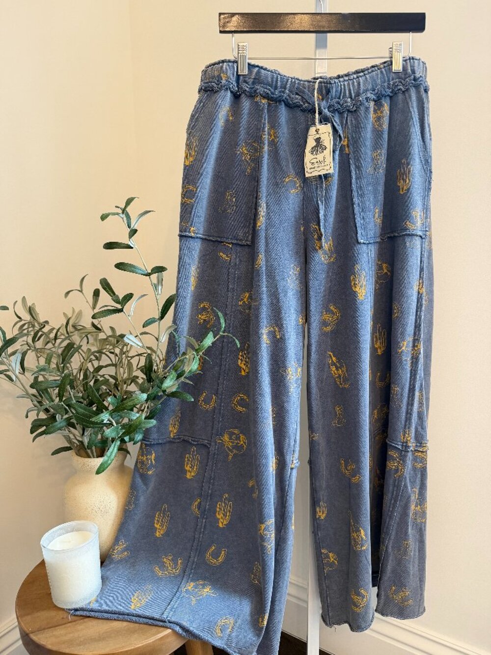 EASEL SMALL COWBOY PRINT WASHED WIDE LEG PANTS 100% COTTON